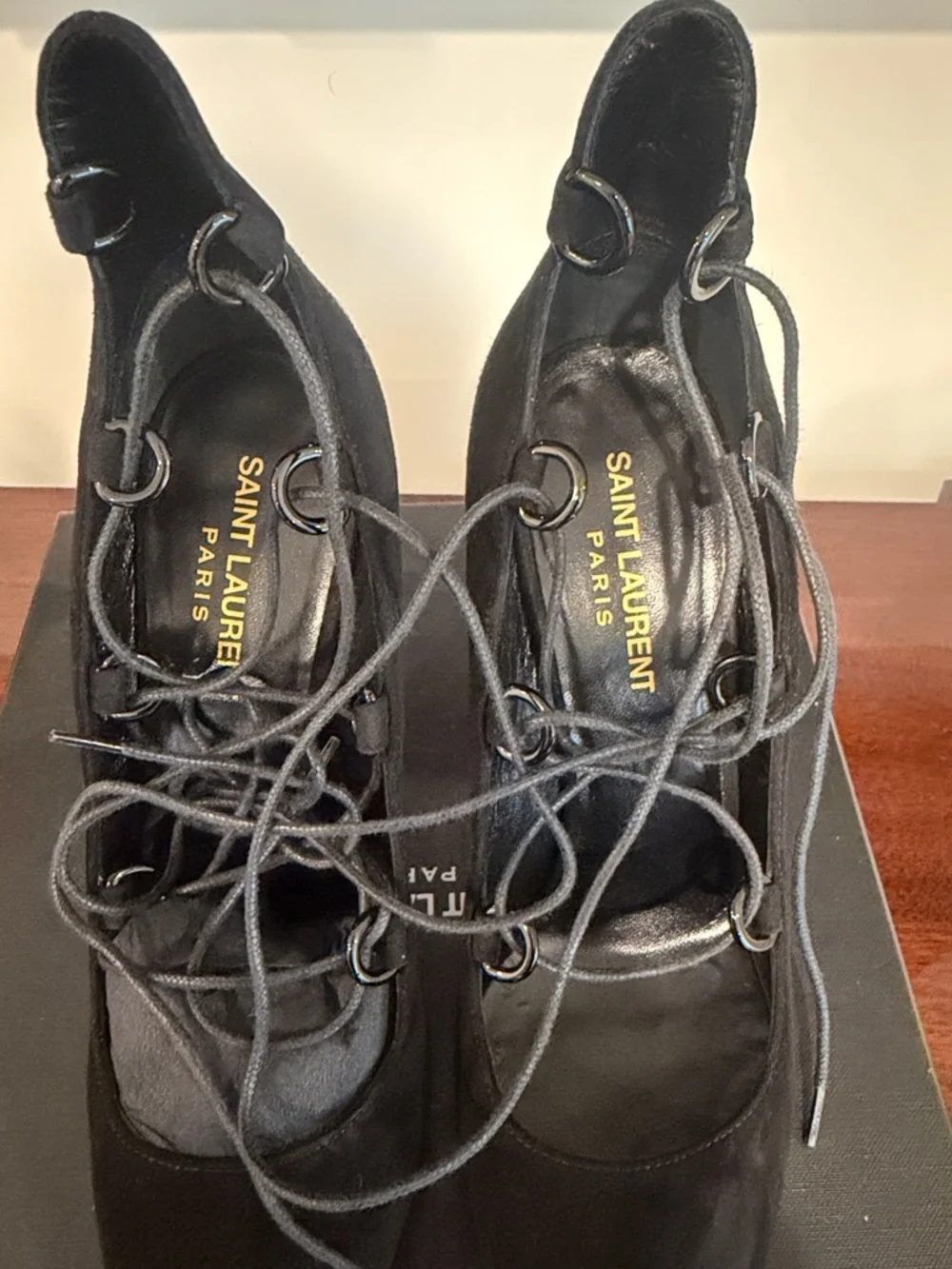 Saint Laurent Black Suede Lace-Up Pointed Pumps - Picture 3 of 5